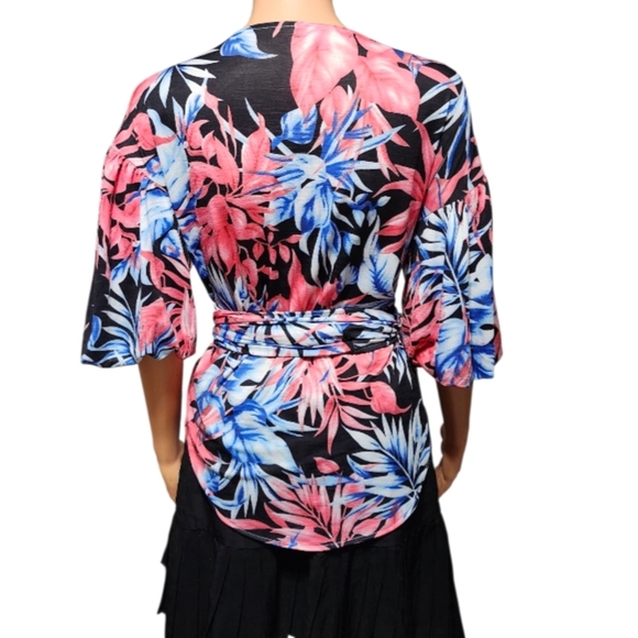 Say What? Floral Wrap Blouse - Pink and Blue - Picture 4 of 9